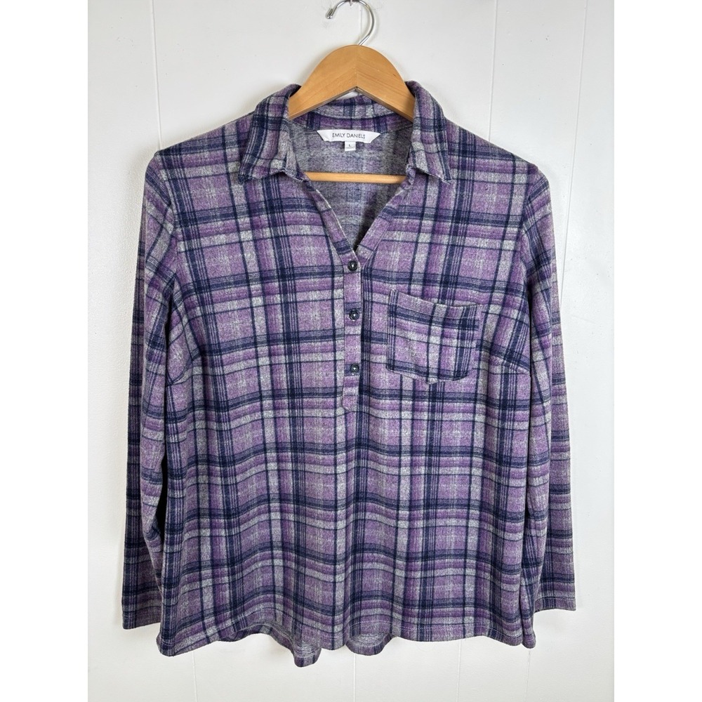 Emily Daniels Size Large Purple Plaid Pop Over Roll Tab‎ Sleeve Flannel Shirt